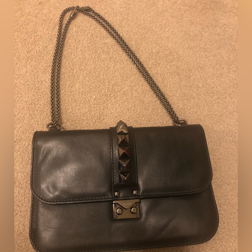 Valentino Black Leather Shoulder Bag with Pyramid Studs